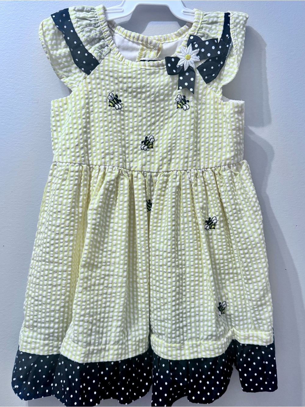 Rare Editions Girls Yellow Bee Embroidered Sundress with Polka Dot Trim, Size 3T
